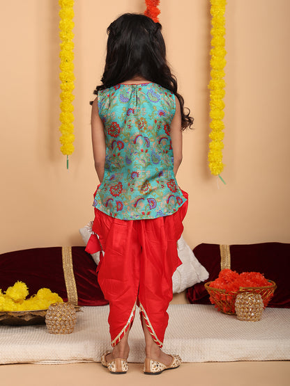 Green printed sleeveless kurti with Red dhoti