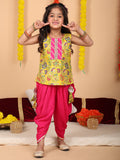 Yellow printed sleeveless kurti with Pink dhoti