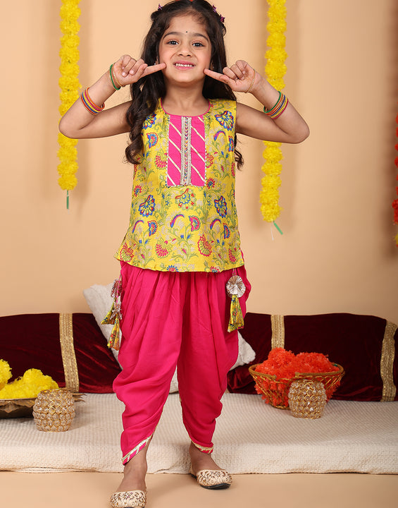 Yellow printed sleeveless kurti with Pink dhoti