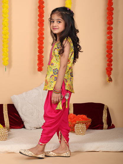 Yellow printed sleeveless kurti with Pink dhoti