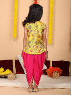 Yellow printed sleeveless kurti with Pink dhoti