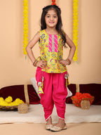 Yellow printed sleeveless kurti with Pink dhoti