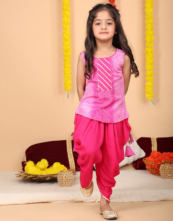 Pink printed sleeveless kurti with Pink dhoti