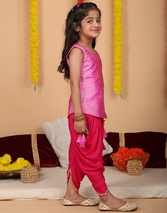 Pink printed sleeveless kurti with Pink dhoti