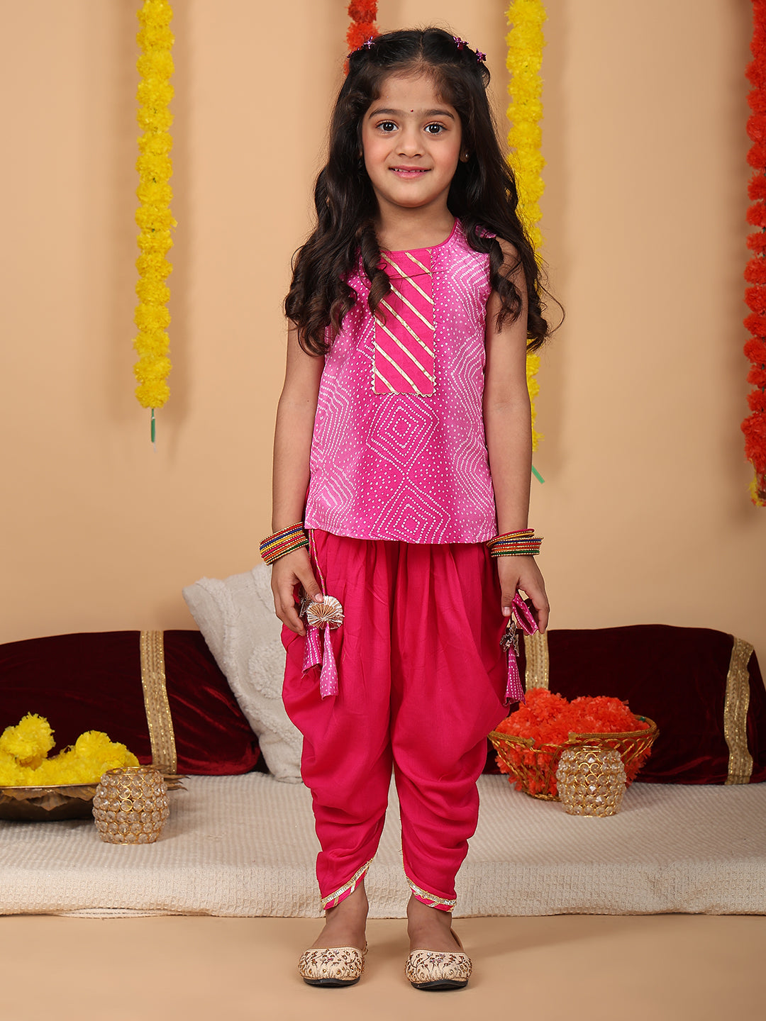 Pink printed sleeveless kurti with Pink dhoti