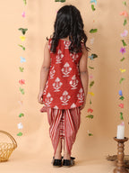 Red printed sleeveless kurti with Red dhoti