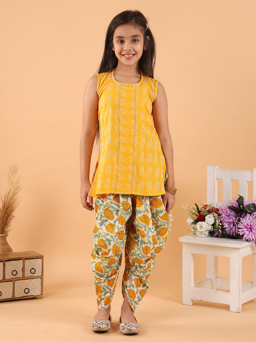 Yellow Katha sleeveless kurti with printed dhoti