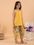 Yellow Katha sleeveless kurti with printed dhoti