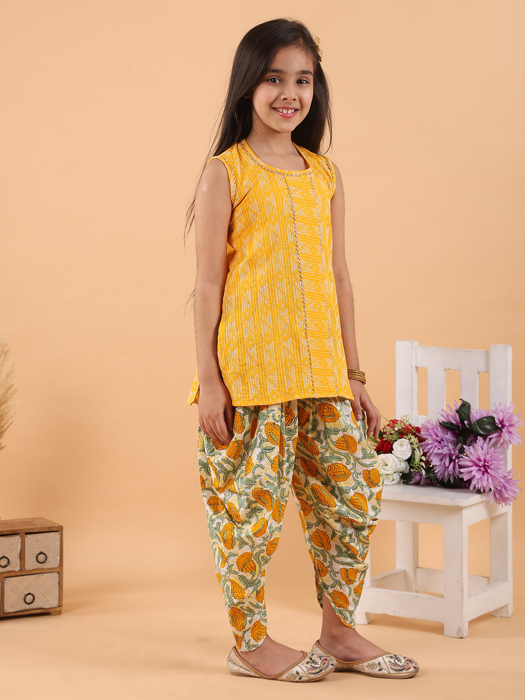 Yellow Katha sleeveless kurti with printed dhoti