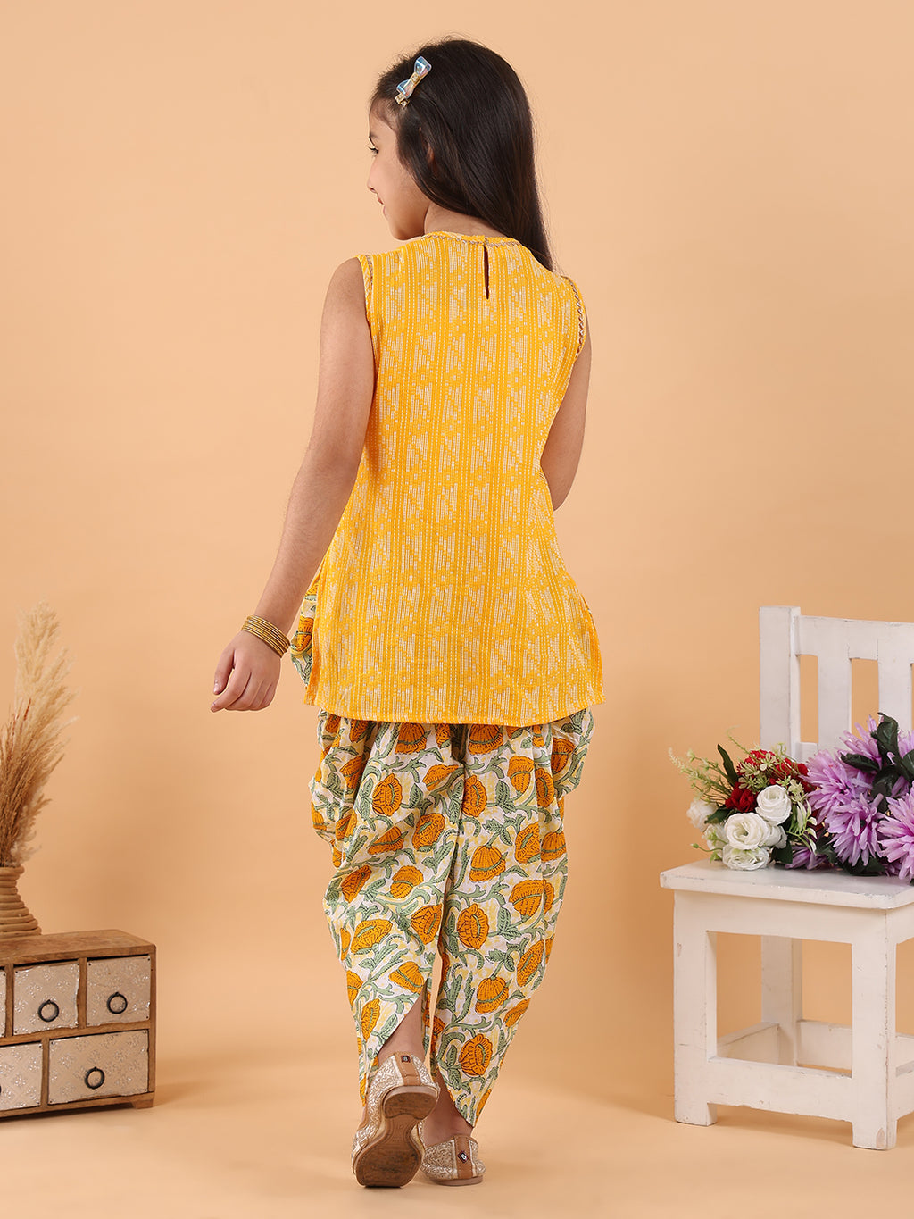 Yellow Katha sleeveless kurti with printed dhoti