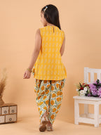 Yellow Katha sleeveless kurti with printed dhoti