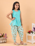 Blue Katha sleeveless kurti with printed dhoti