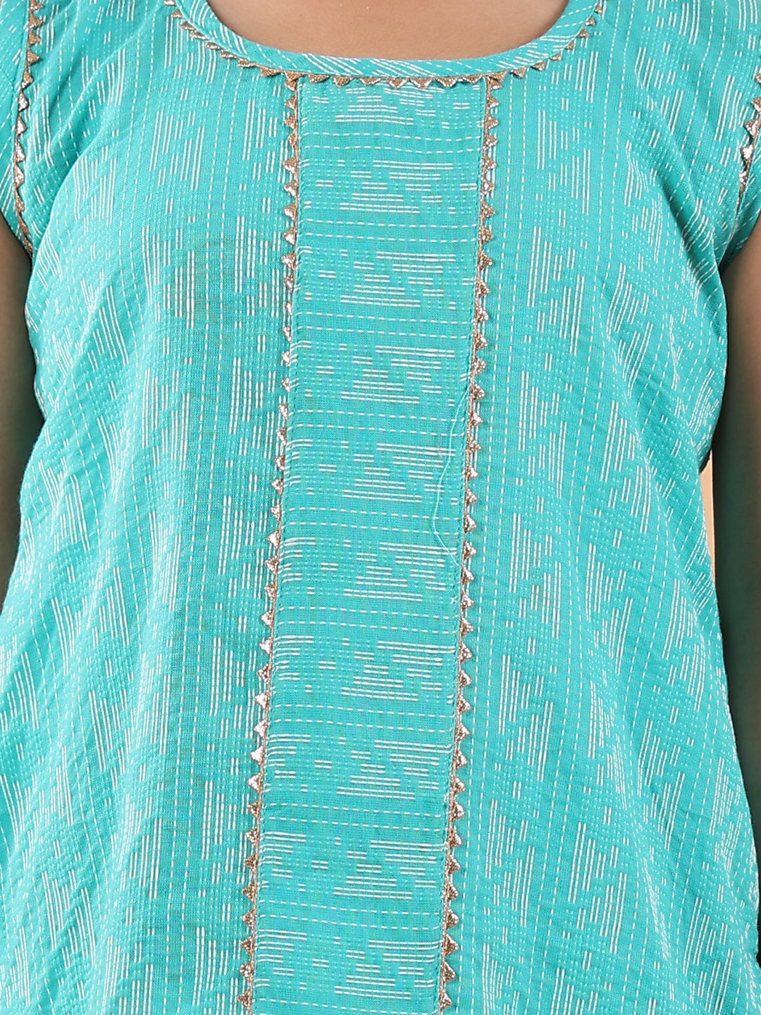 Blue Katha sleeveless kurti with printed dhoti