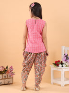 Peach Katha sleeveless kurti with printed dhoti