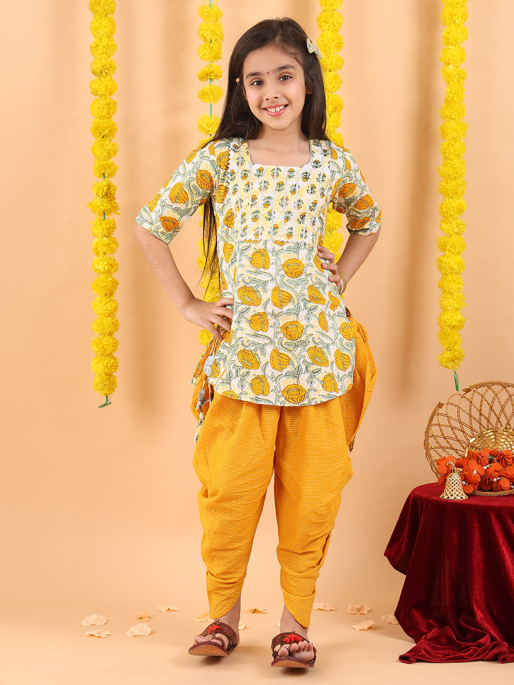 Yellow printed lace work kurti with Katha dhoti
