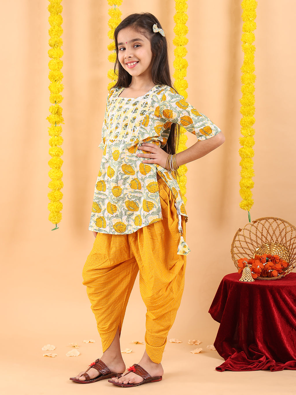 Yellow printed lace work kurti with Katha dhoti
