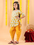Yellow printed lace work kurti with Katha dhoti