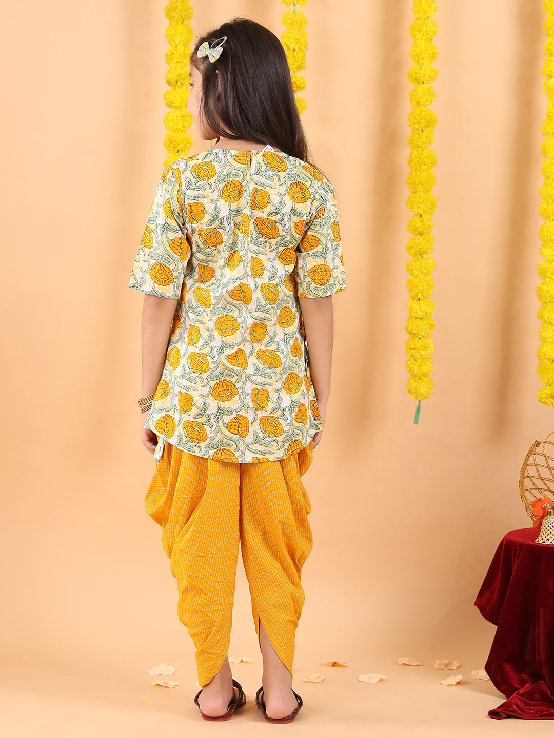 Yellow printed lace work kurti with Katha dhoti