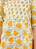 Yellow printed lace work kurti with Katha dhoti