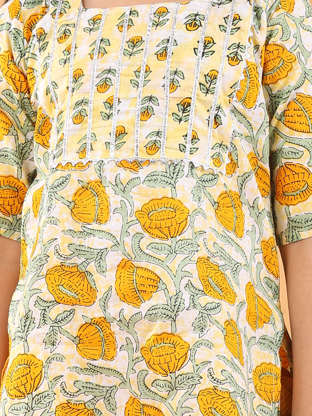 Yellow printed lace work kurti with Katha dhoti