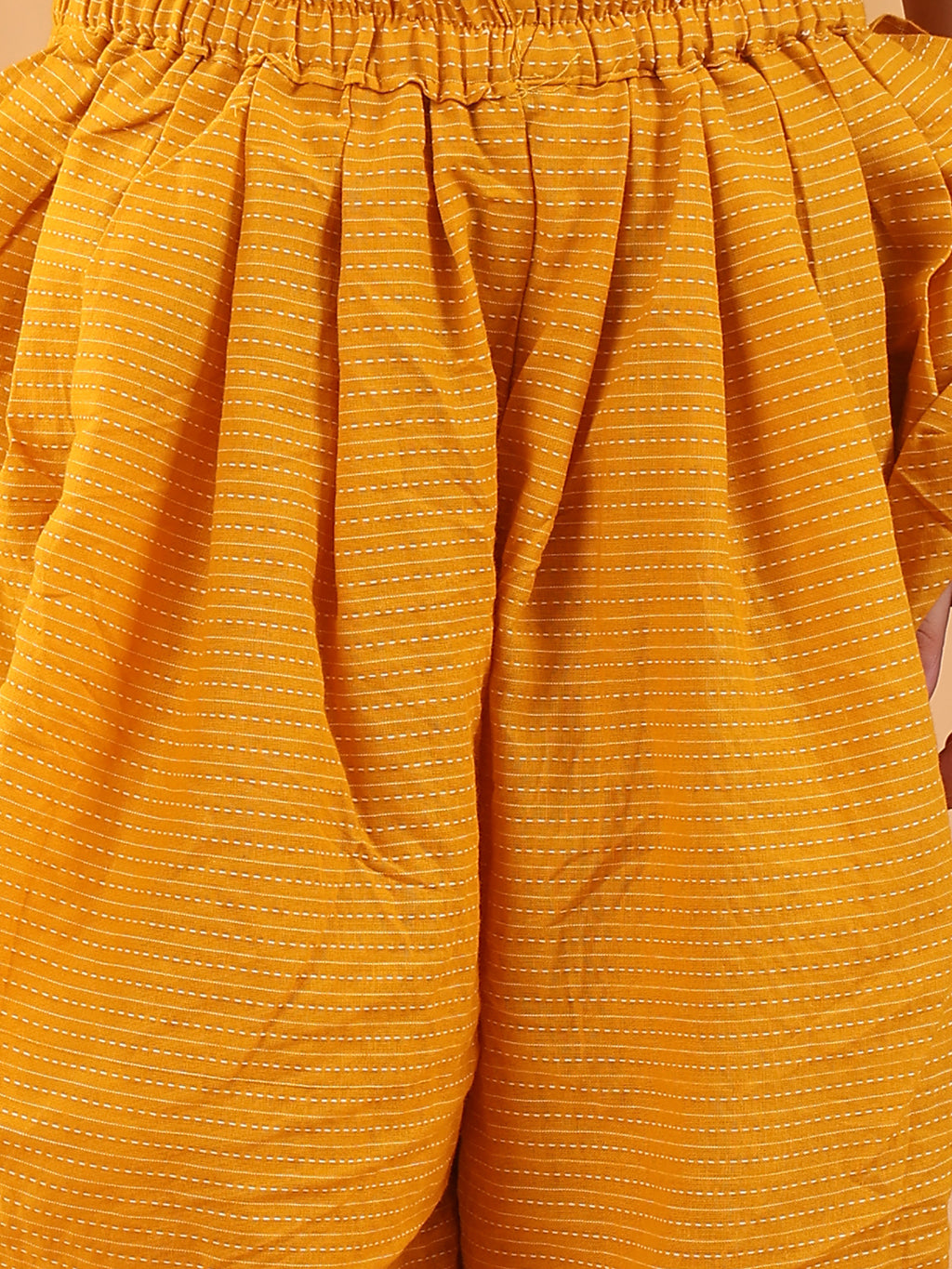 Yellow printed lace work kurti with Katha dhoti