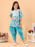 Blue printed lace work kurti with Katha dhoti