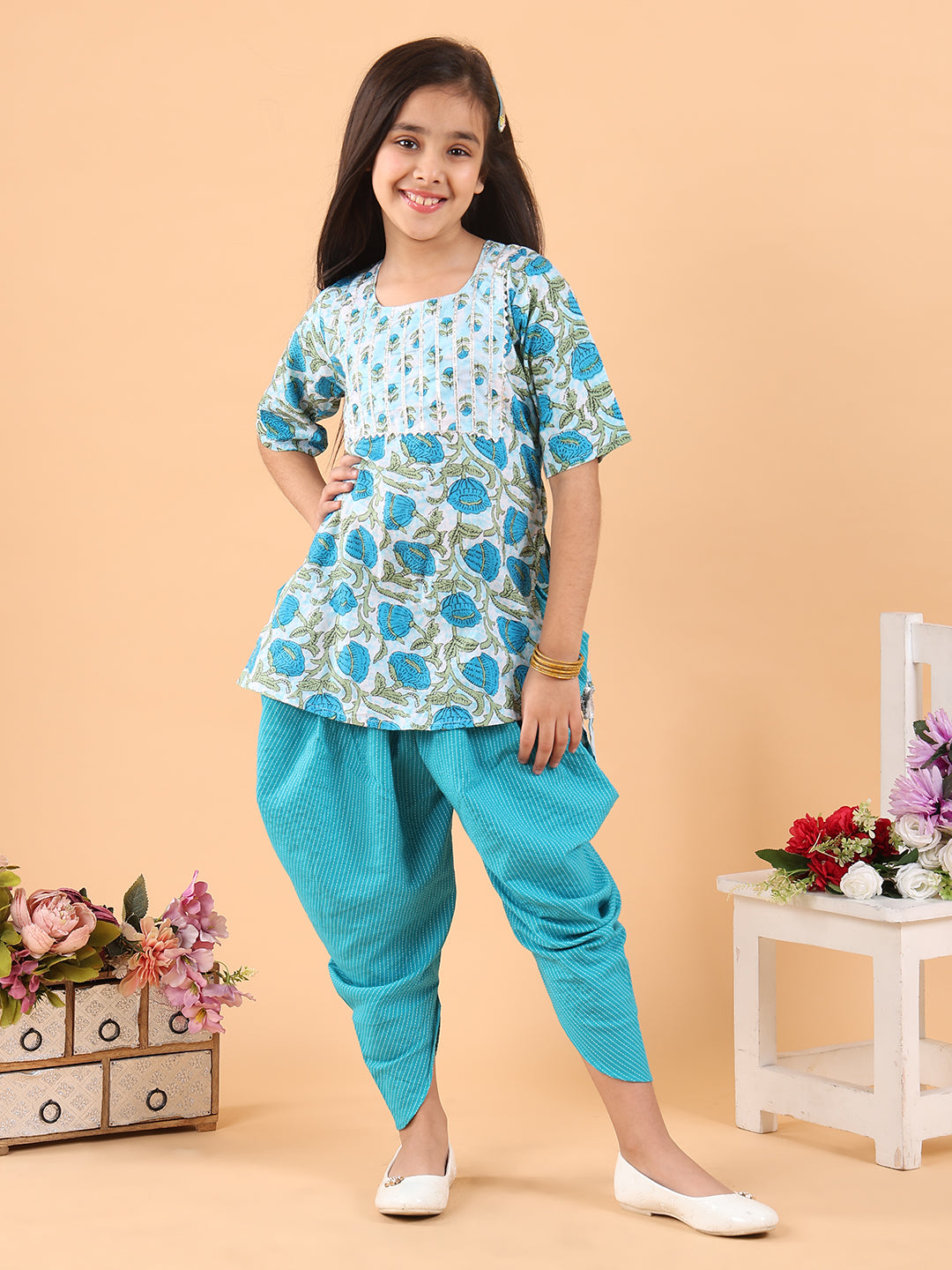 Blue printed lace work kurti with Katha dhoti