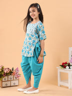 Blue printed lace work kurti with Katha dhoti