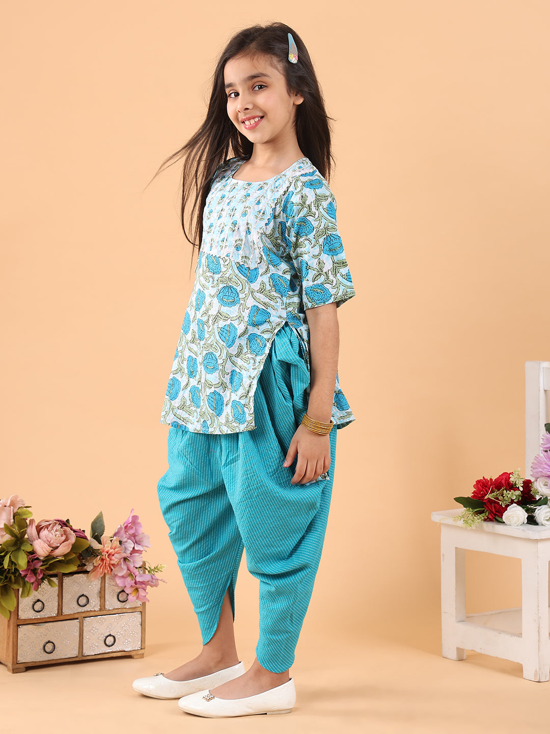 Blue printed lace work kurti with Katha dhoti