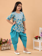 Blue printed lace work kurti with Katha dhoti