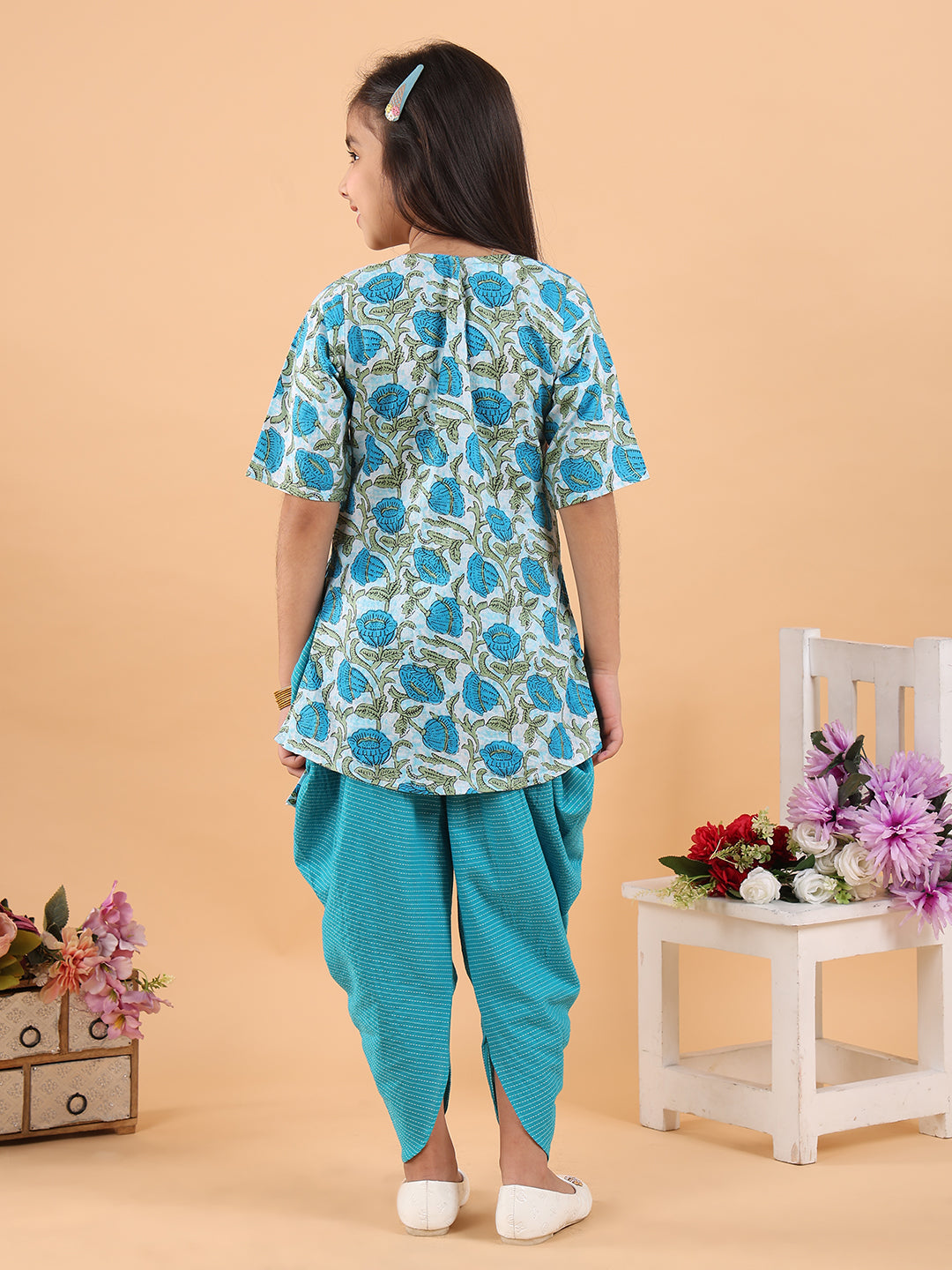 Blue printed lace work kurti with Katha dhoti