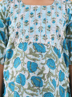 Blue printed lace work kurti with Katha dhoti
