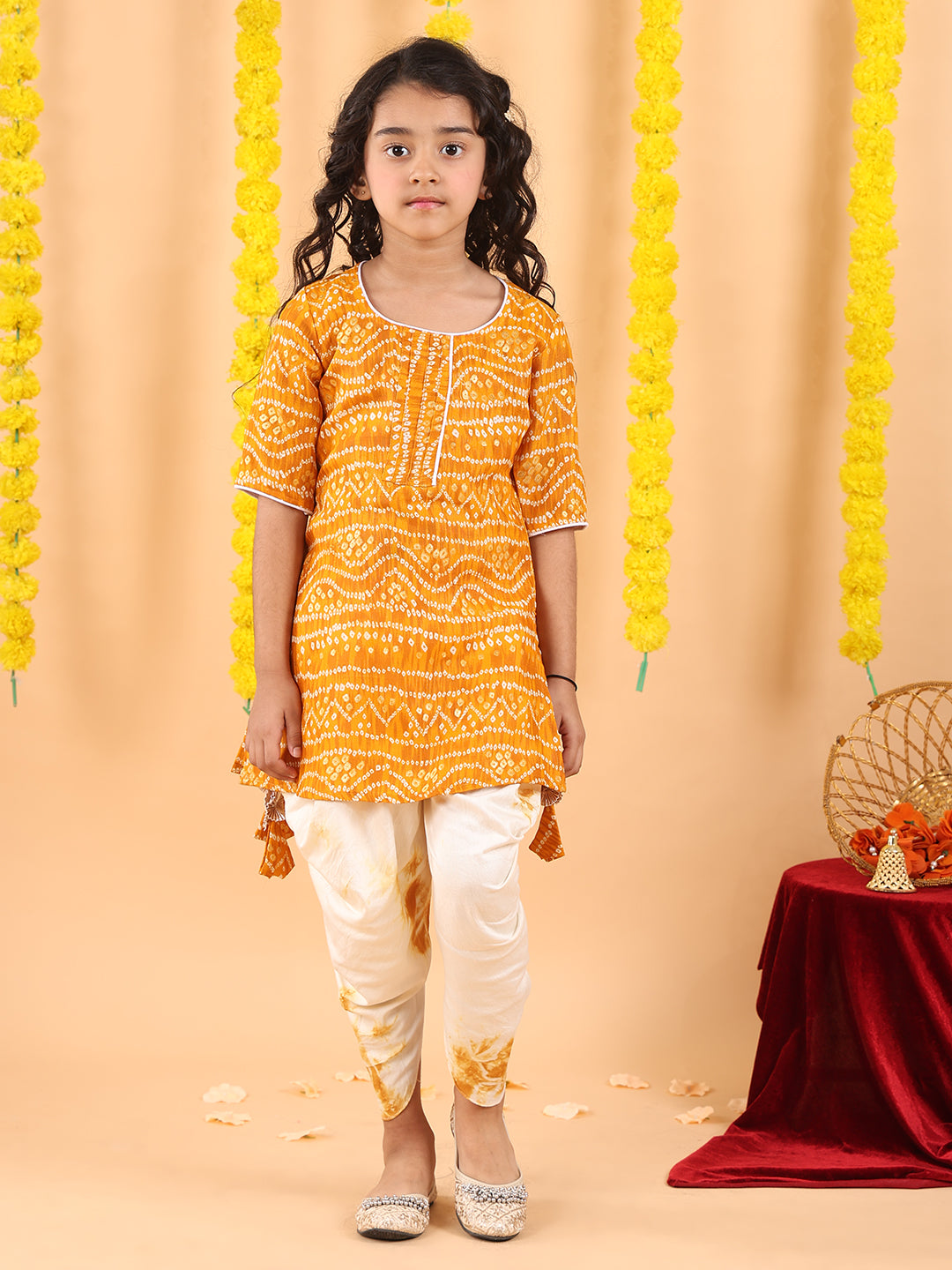 Yellow bandhani kurti with shibori dhoti