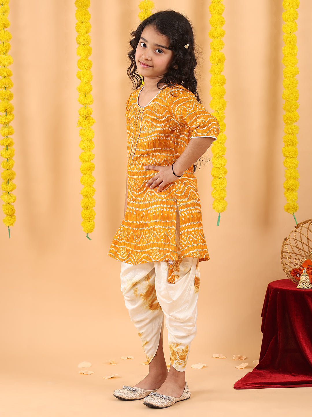 Yellow bandhani kurti with shibori dhoti