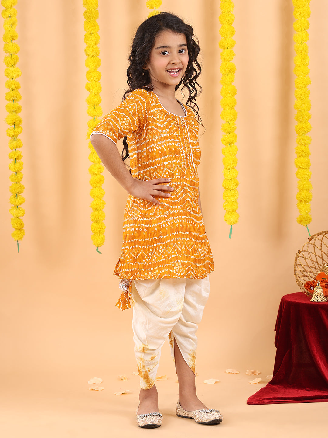 Yellow bandhani kurti with shibori dhoti
