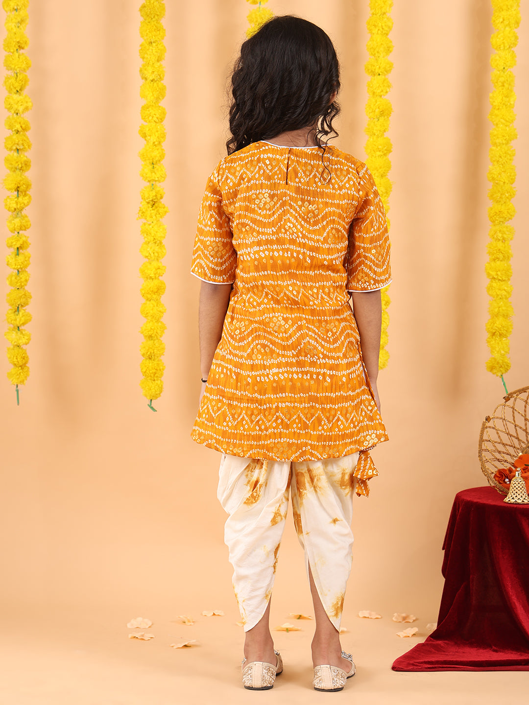 Yellow bandhani kurti with shibori dhoti