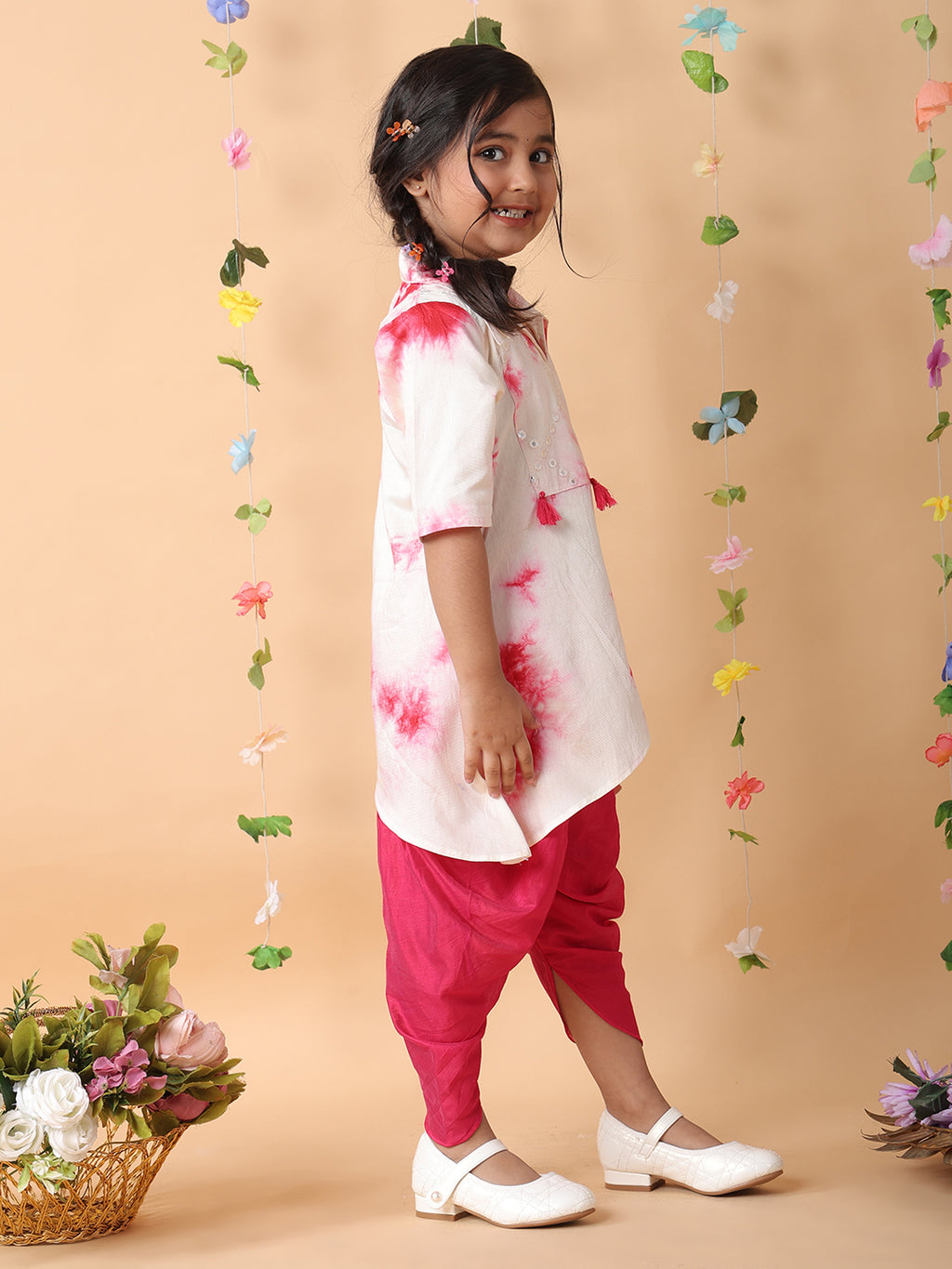 Pink shibori mirror work kurti with dhoti