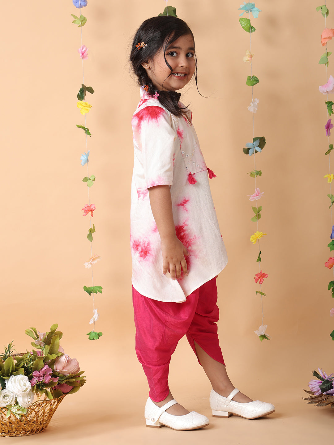 Pink shibori mirror work kurti with dhoti