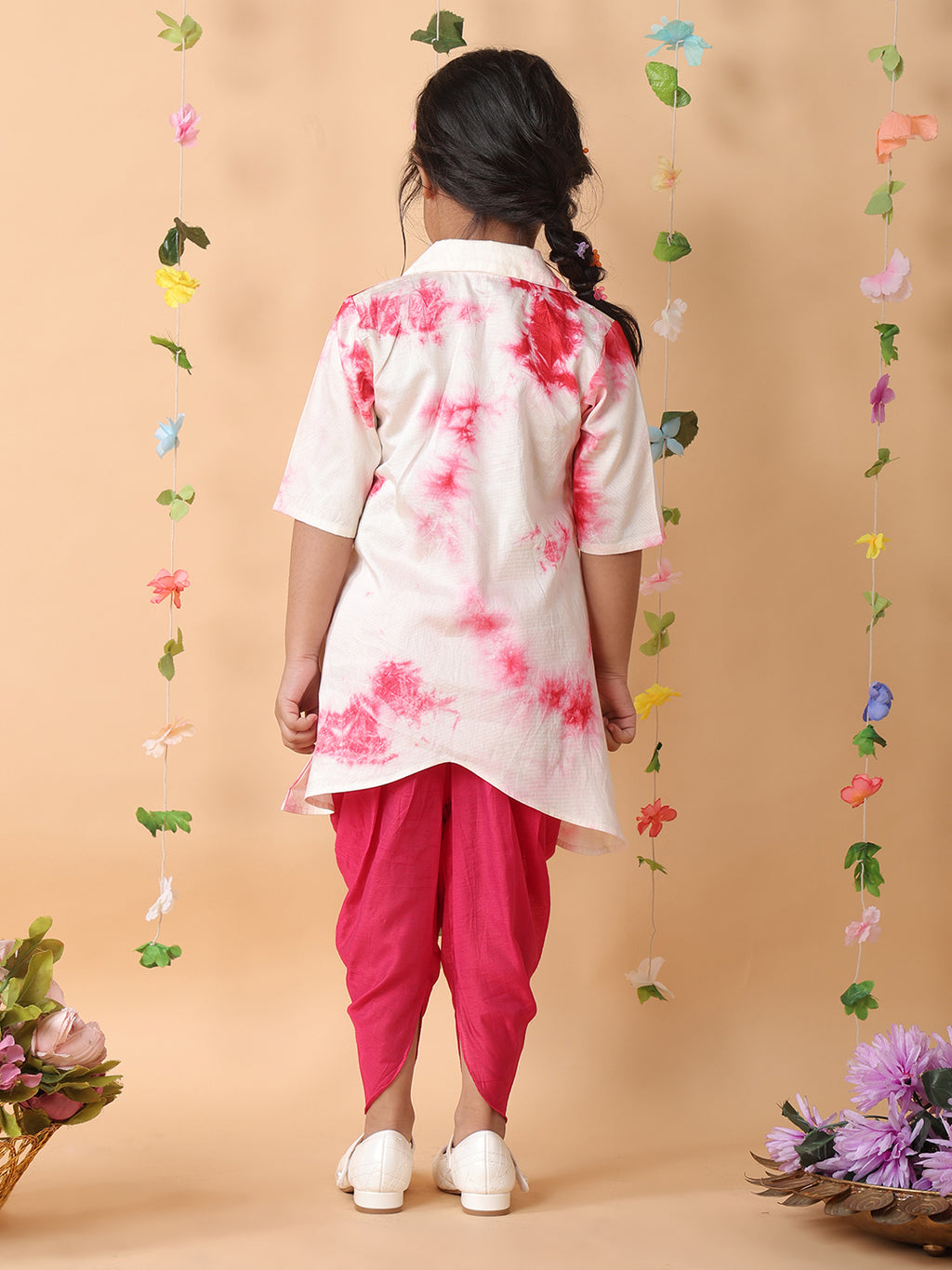 Pink shibori mirror work kurti with dhoti