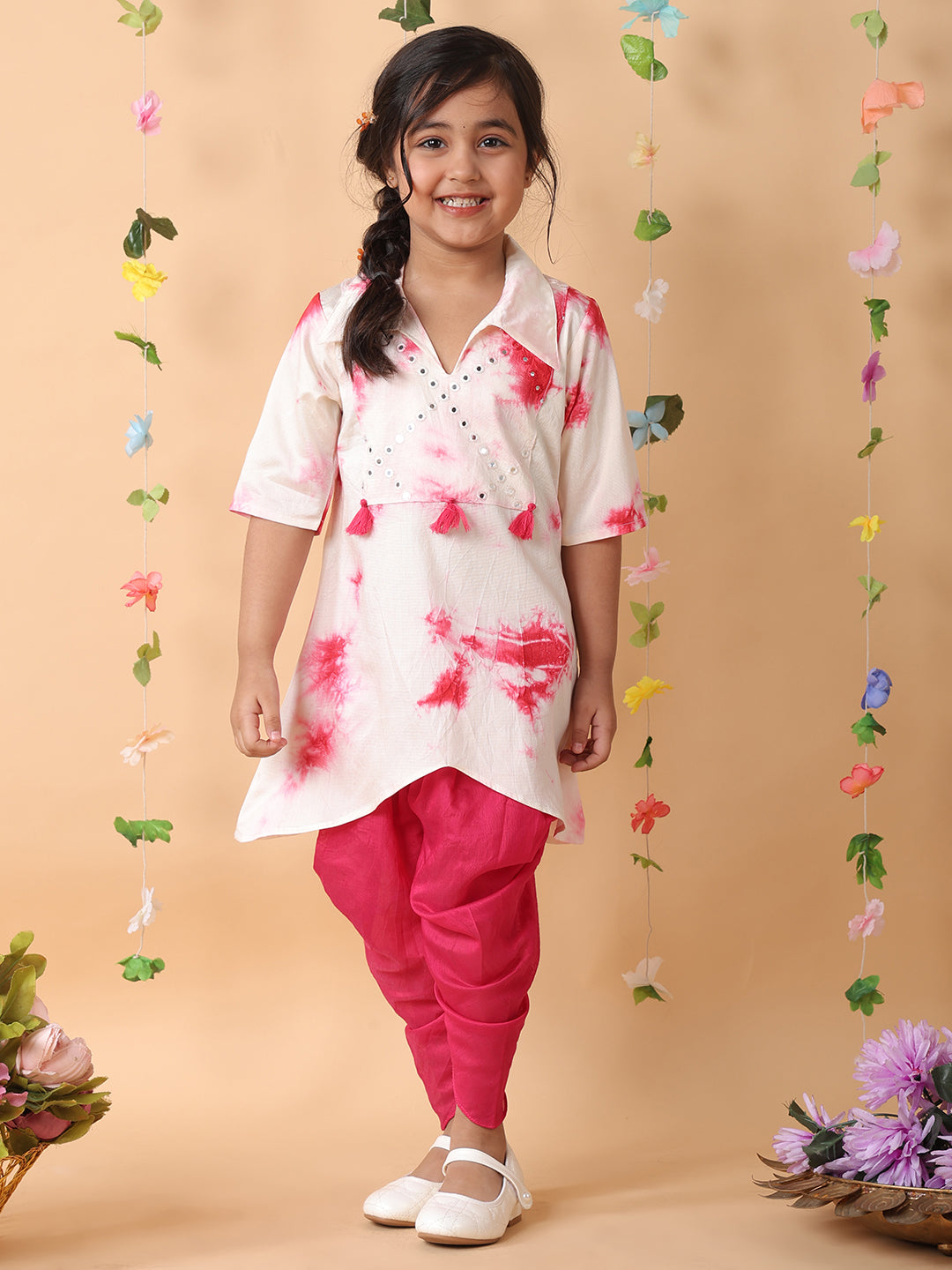 Pink shibori mirror work kurti with dhoti