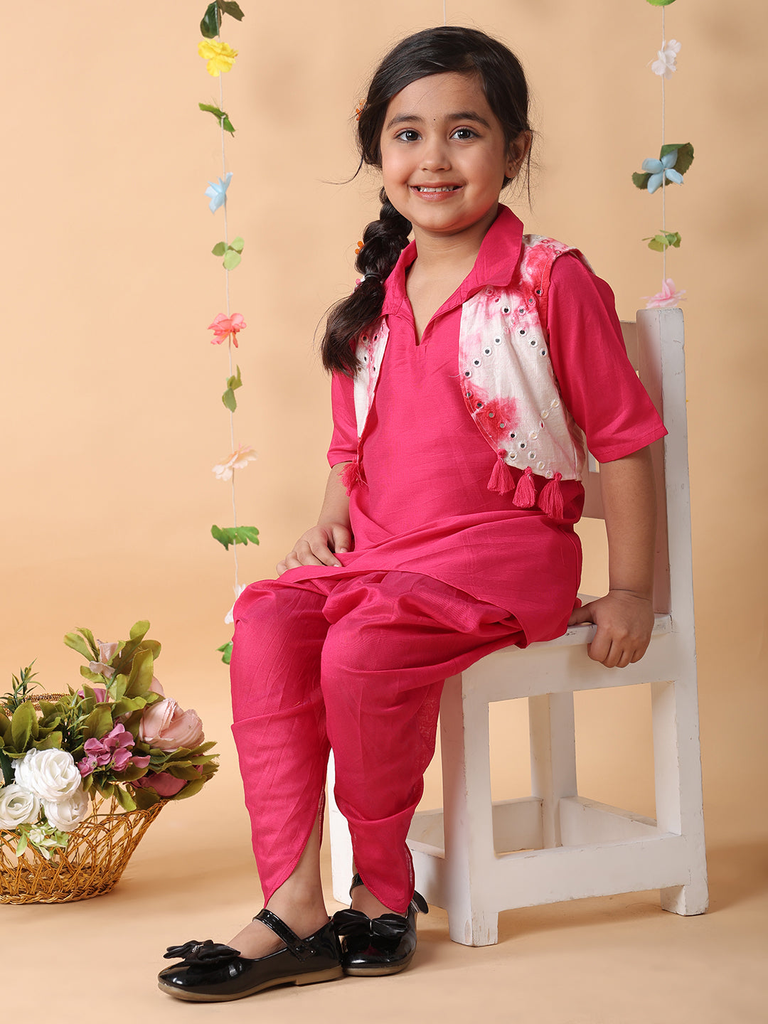 Pink kurti and dhoti set with Shibori mirror work jacket