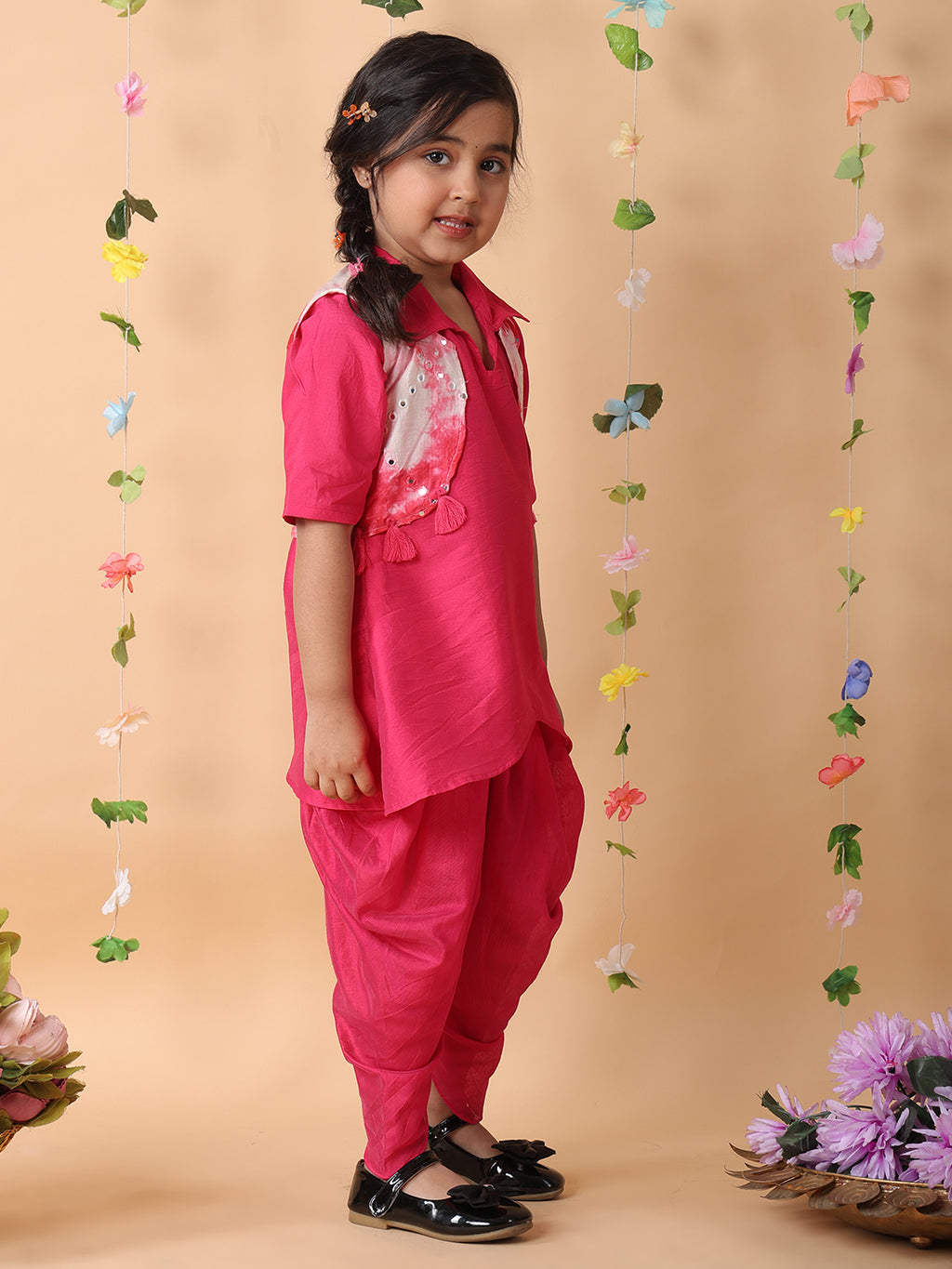 Pink kurti and dhoti set with Shibori mirror work jacket