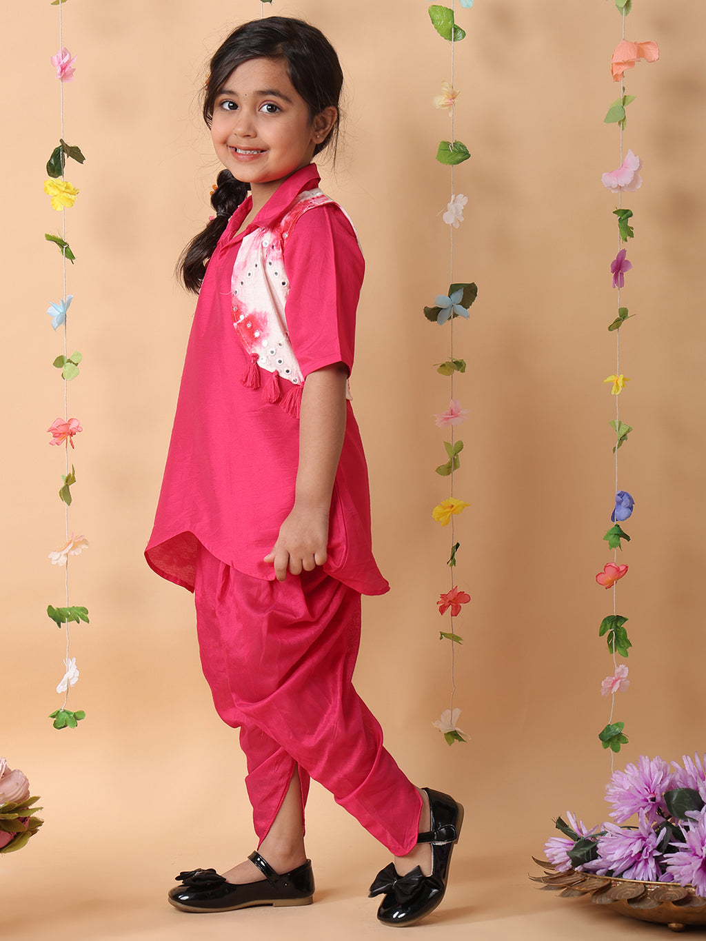 Pink kurti and dhoti set with Shibori mirror work jacket