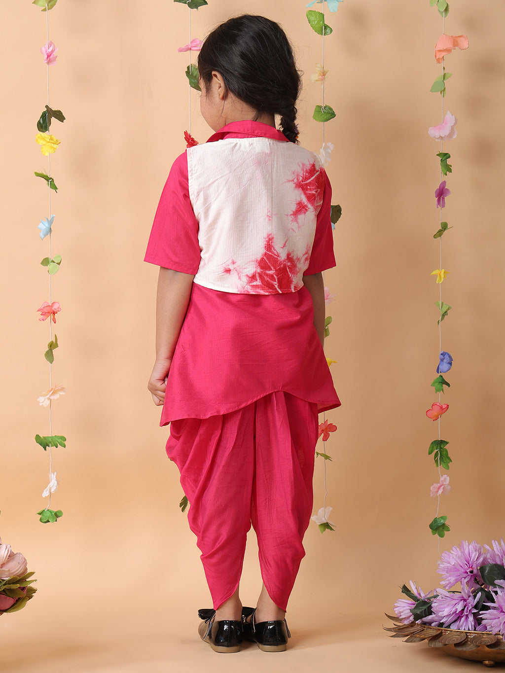 Pink kurti and dhoti set with Shibori mirror work jacket
