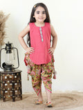 Yellow Floral printed dhoti paired with Peach katha Kurti with a lace border at the neckline
