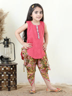 Yellow Floral printed dhoti paired with Peach katha Kurti with a lace border at the neckline
