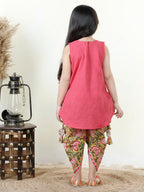 Yellow Floral printed dhoti paired with Peach katha Kurti with a lace border at the neckline