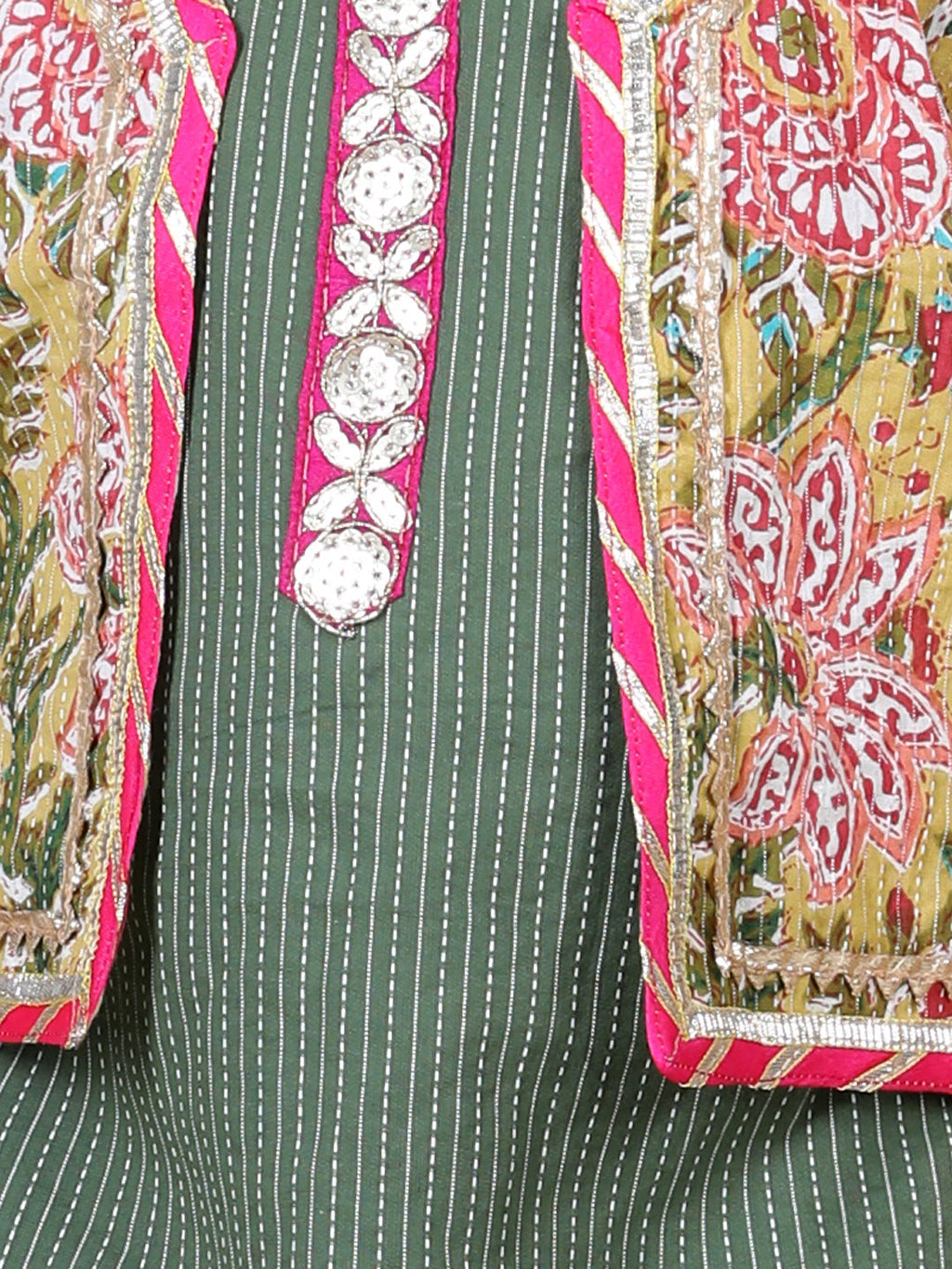 Floral printed dhoti and Jacket and Lace worked Kurti- Green
