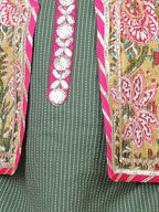 Floral printed dhoti and Jacket and Lace worked Kurti- Green