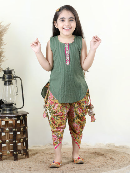 Yellow Floral printed dhoti paired with Green katha Kurti with a lace border at the neckline